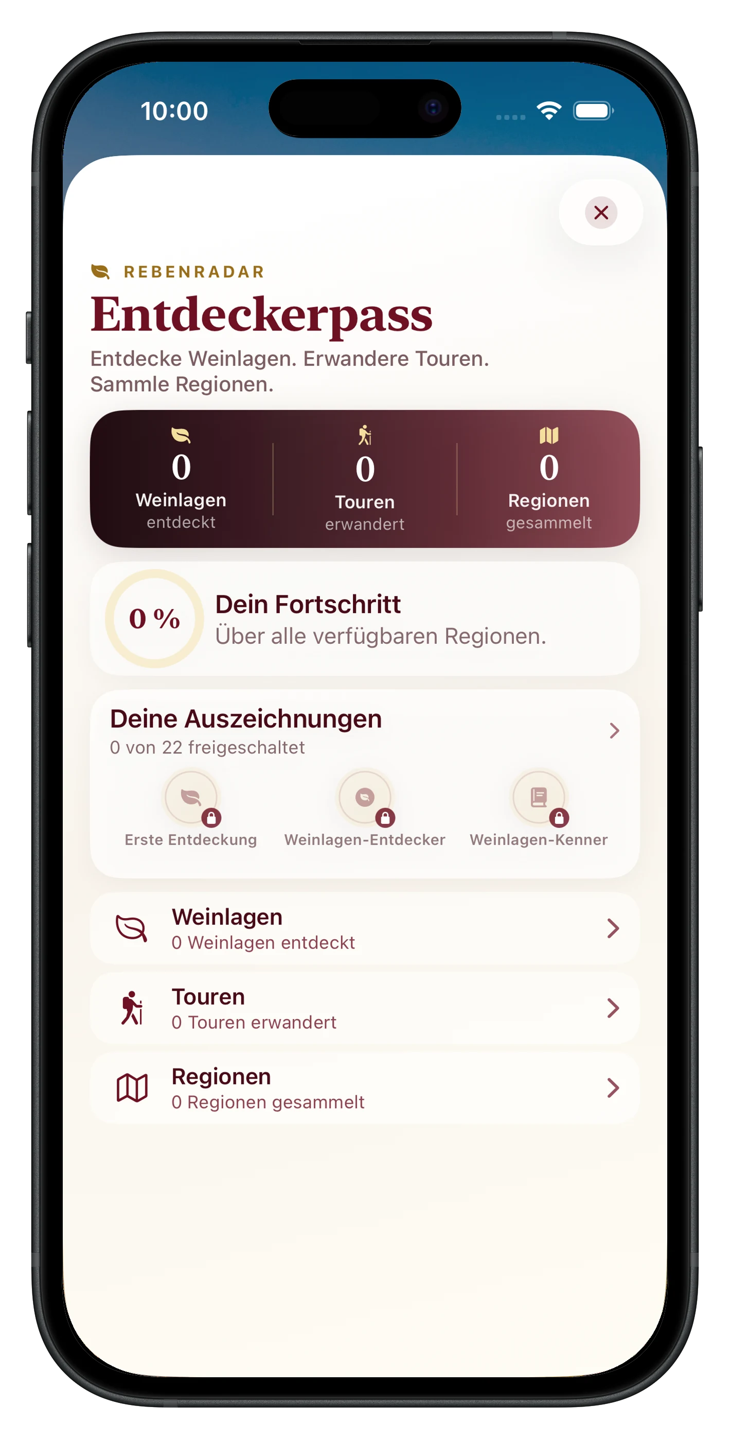 RebenRadar Entdeckerpass mit Weinlagen, Touren, Regionen, Fortschritt und Auszeichnungen