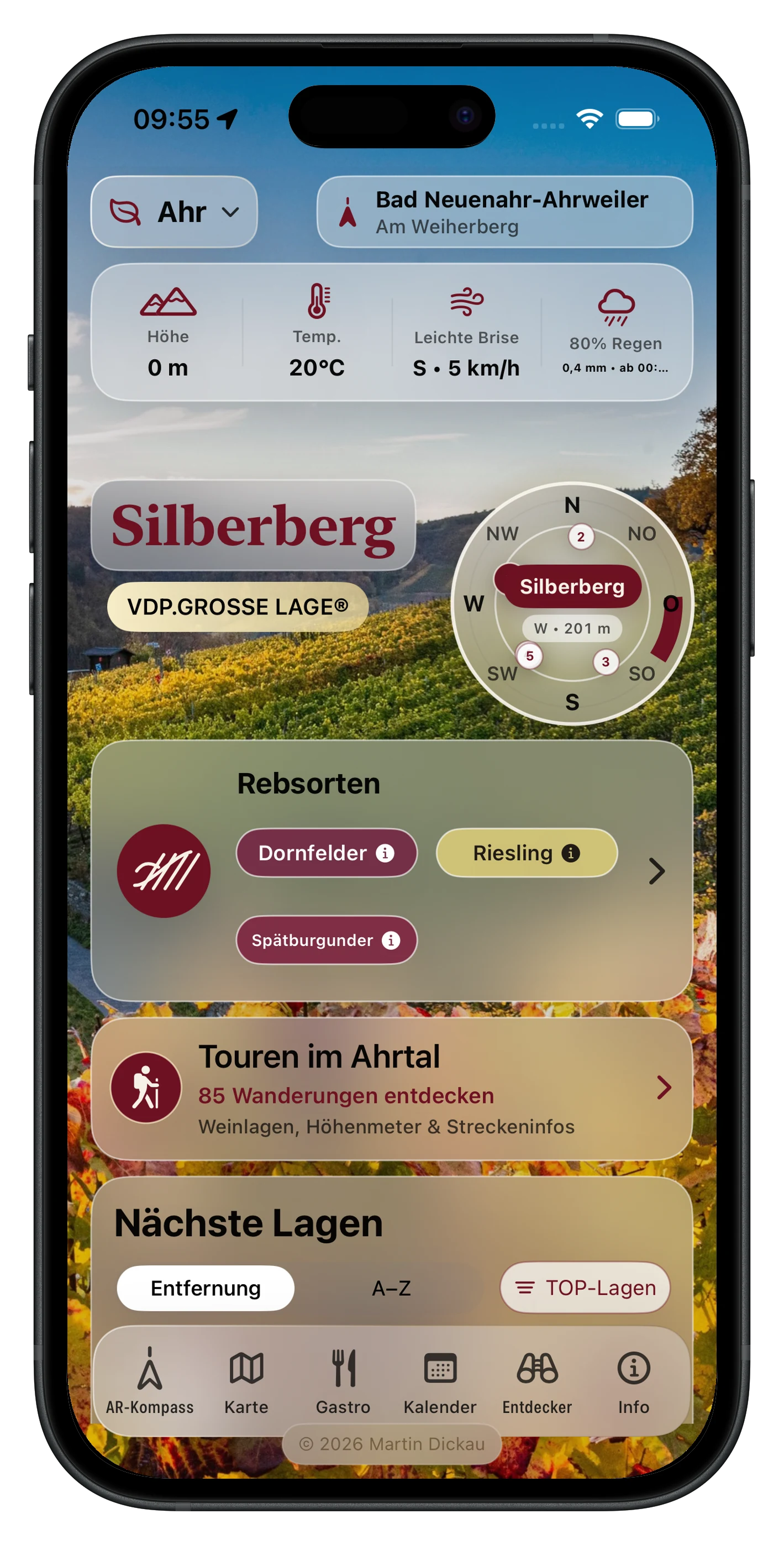 RebenRadar Hauptansicht mit aktueller Weinlage, Rebsorten und Touren im Ahrtal