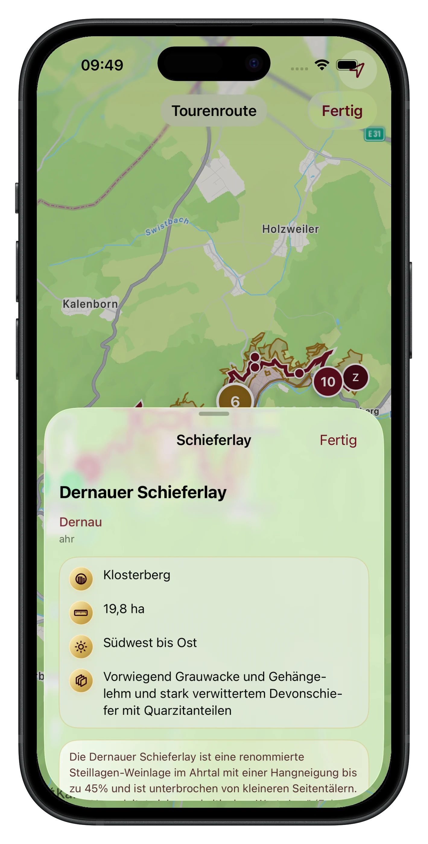 Weinlage Dernauer Schieferlay geöffnet auf der RebenRadar Tourenkarte