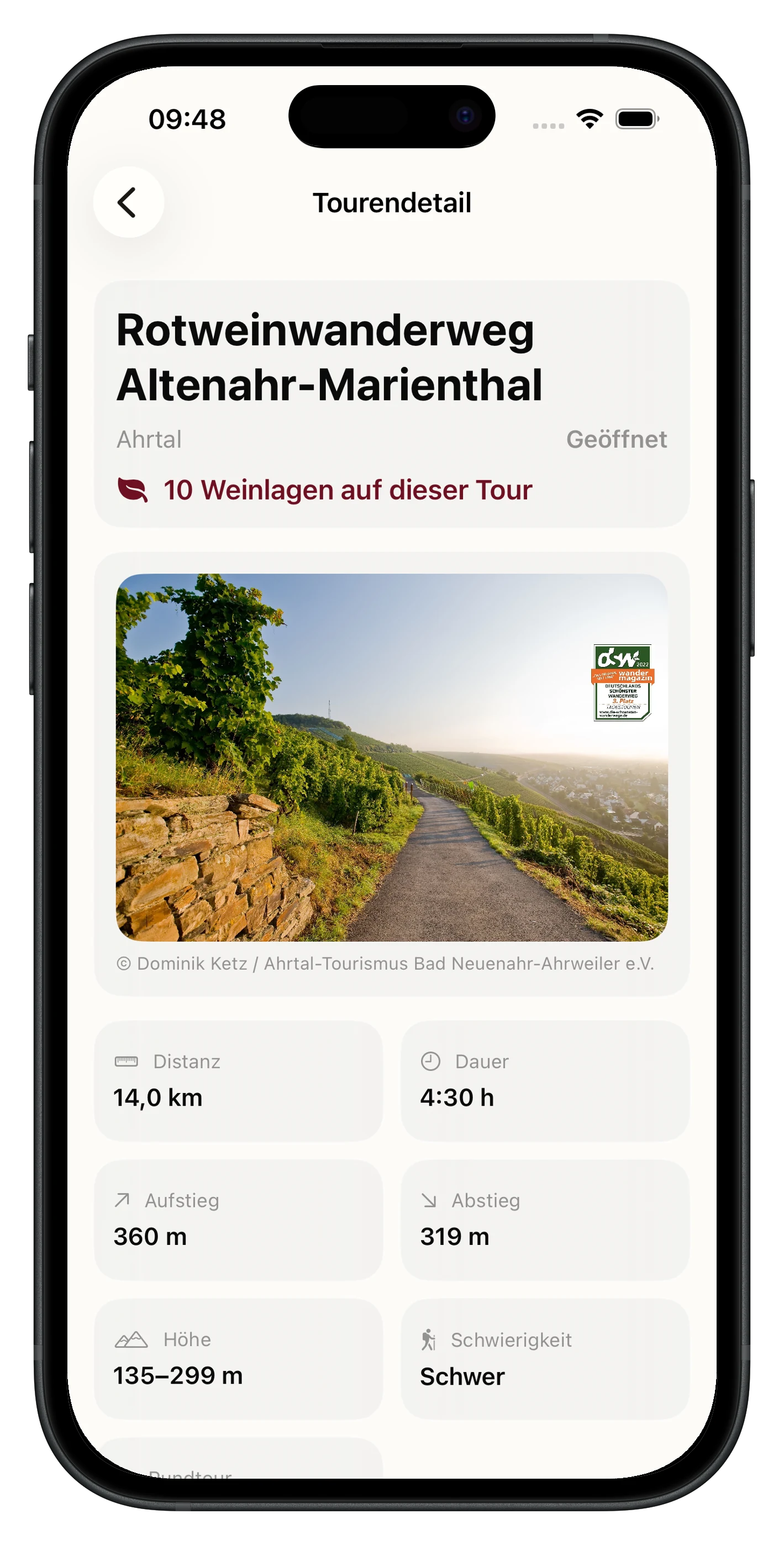 RebenRadar Tourdetail mit Strecke, Dauer, Höhenmetern und Schwierigkeit