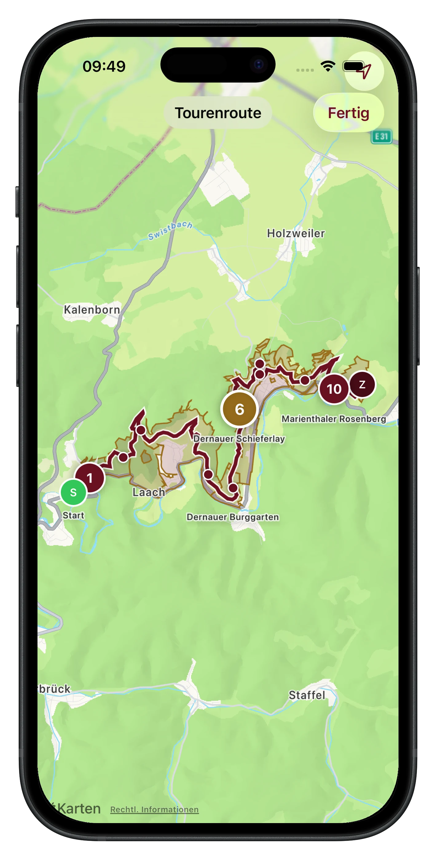 RebenRadar Tourenkarte mit Route und Weinlagen entlang der Strecke